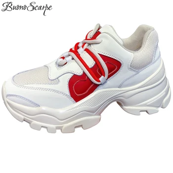 

2020 New Women Sneakers Platform Lace Up Casual Shoes Flat Lace Up Genuine Leather Shoes Trainers Female Sports Shoes Patchwork