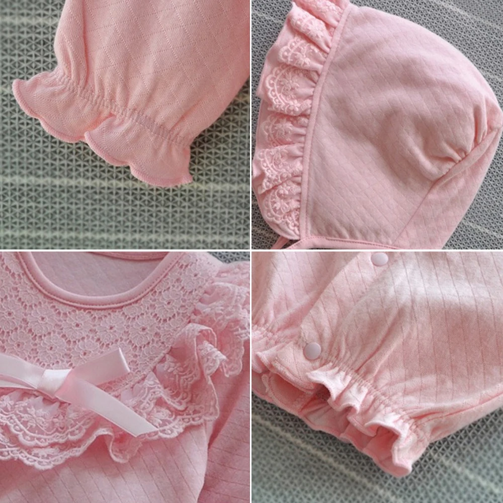 Lace Baby Clothing Spring Autumn Winter Female Baby Newborn Style Jumpsuit 0-3 Months Cotton Romper+Hat 2Pcs Spring Wear Clothes