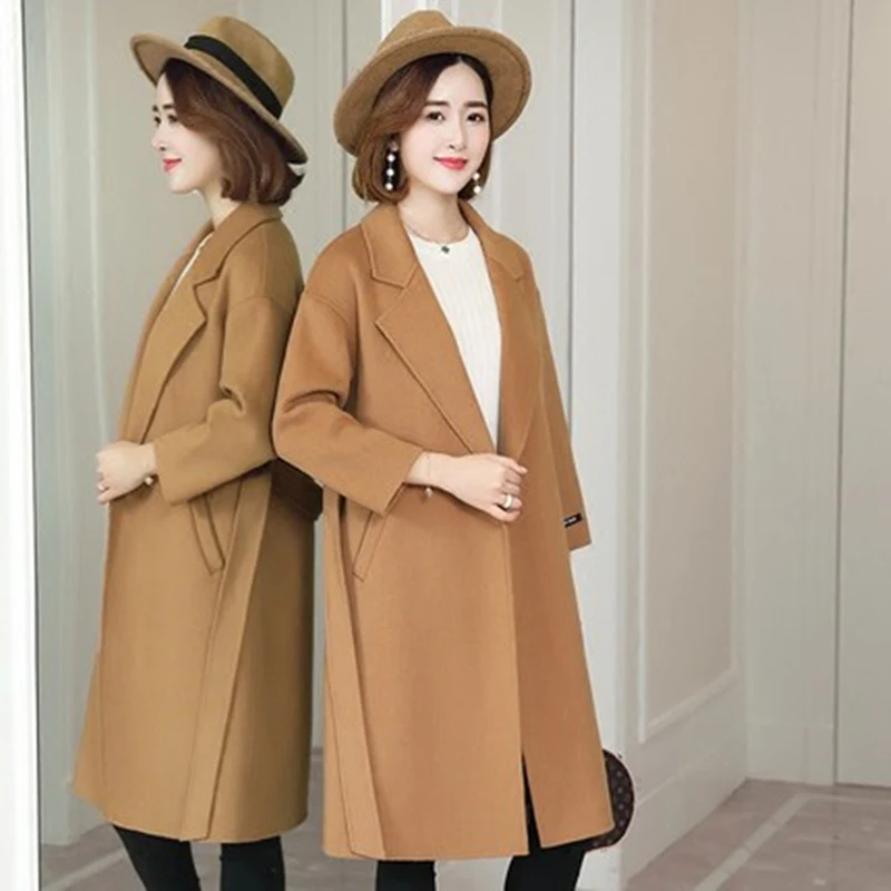 New Winter Women Autumn Two Sided Sashes Drop Shoulder Openg Stitch V-Neck Tweed Coat Femal Slim Comfortable Wool ZX1059 | Женская