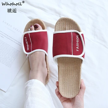 

WHOHOLL Women Flax Slippers New Summer Indoor Shoes Home Slipper Woman Man Open Toe Linen Belt Slides Female Sandals Flip Flops