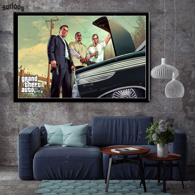 Jogo cartaz grand theft auto v gta 5 lona impressão da arte pintura parede  fotos para o quarto decoração casa arte da parede - AliExpress