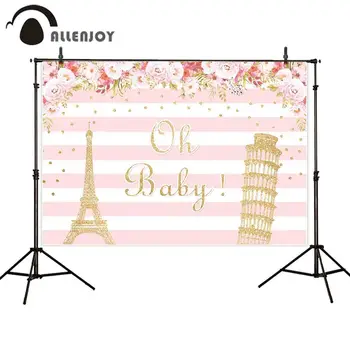 

Allenjoy White Pink Stripe Wall Decor Glitter Golden Paris Tower Flower Leaves Dot Birthday Banners Child Newborn Party Backdrop