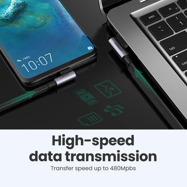90° 어댑터와 빠른 충전 기능이 장착된 UGREEN USB-C 고속 충전 케이블