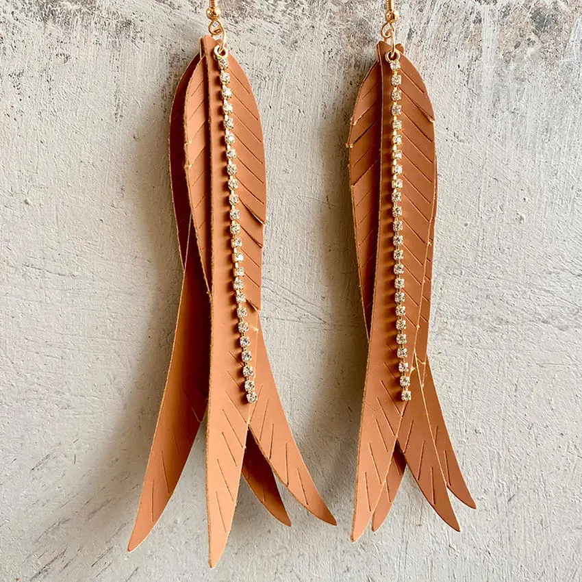 Crystal Chain Art Deco Layered Leather Feather Long Earrings for Women 2021 New Rakish Women Jewelry Wholesale