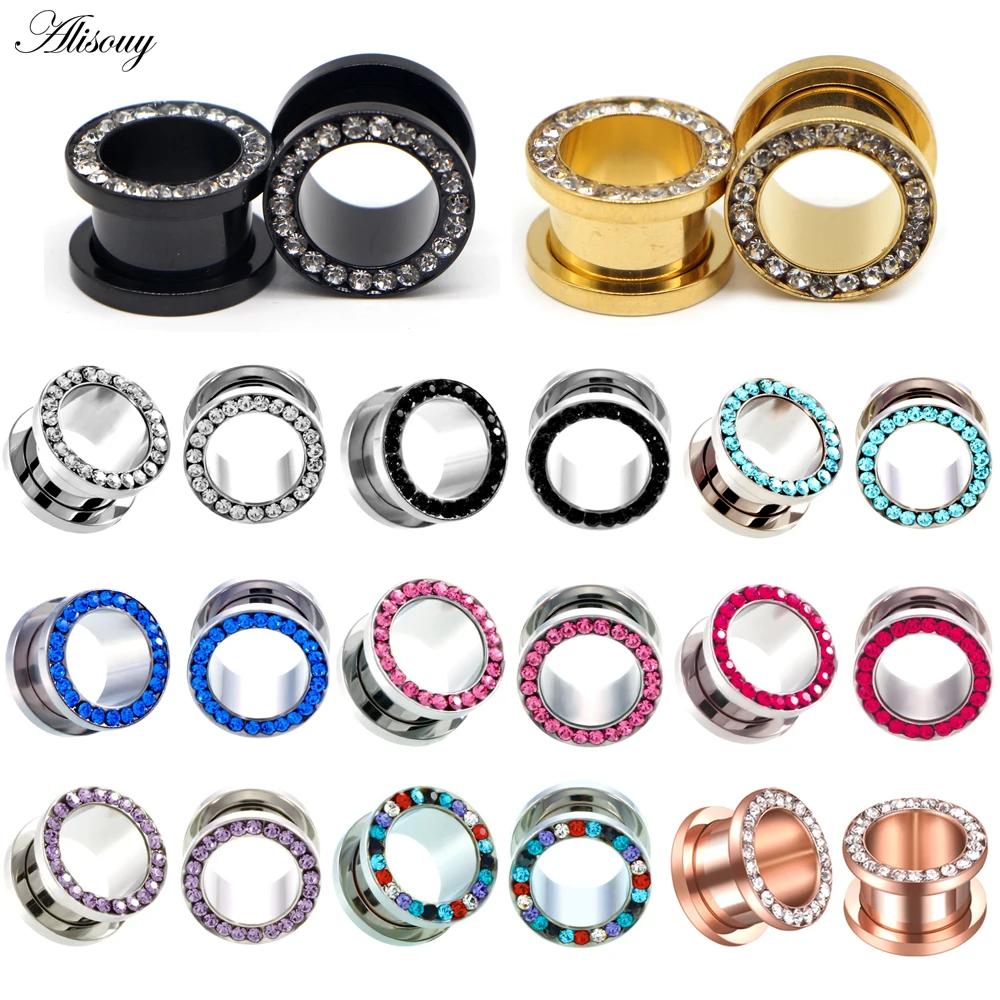 Alisouy 2pcs Stainless Steel Crystal Zircon Ear Tunnels Plug Screw Fit Colorful Flesh Gauge Expanders Piercing Jewelry | Украшения и
