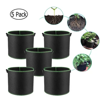 

5-Pack Black/Green Grow Bags Aeration Fabric Planter Root Growing Pots Handles Garden Pots Farmhouse Home Decor Shabby Chic