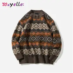 Пуловер, свитер для мужчин, Осень-зима 2019, геометрический принт, свитера, свободный Винтажный Мужской свитер, мужской повседневный японский