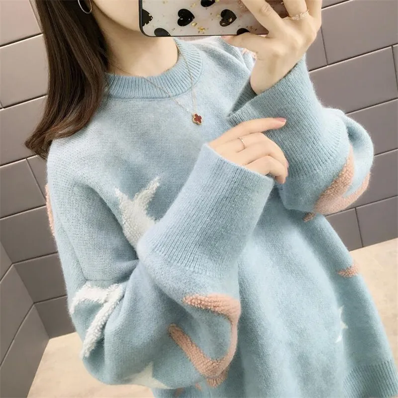 

2019 Women pullover autumn and winter new sweater female o neck loose Korean student sleeves cute bottoming shirt thick