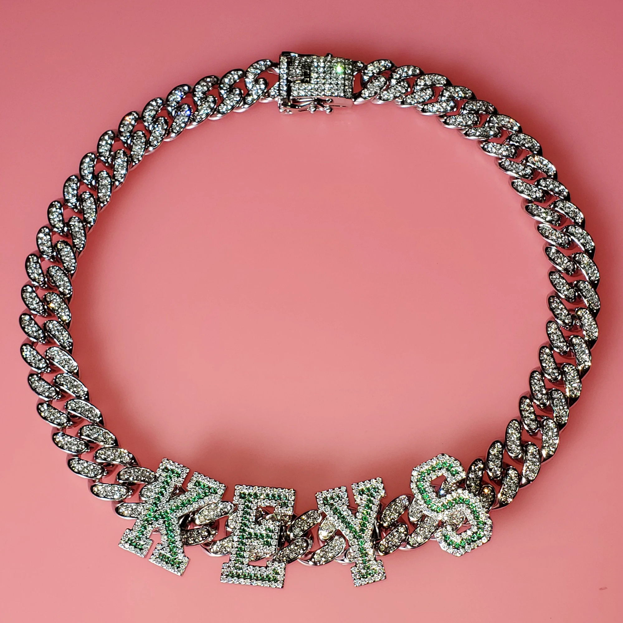 Personalized Green Stones Letters/Name Necklace, Custom Name Choker, Name Necklace, Custom Jewelry, Hot Trendy Cuban Chain