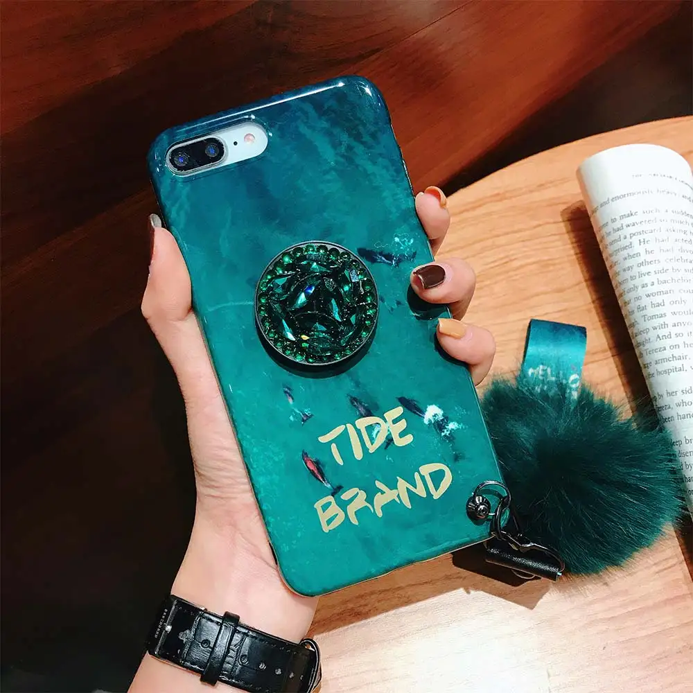 KISSCASE Luxury Green Rhinestone Stand Phone Cases For iPhone 6 6S 7 8 Plus X XS MAX XR Hair Ball Soft Cover Case with Lanyard |