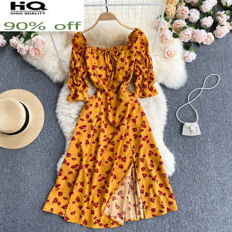 

High Quality Summer Dresses for Women 2022 Vintage Floral Dress Female Elegant Midi Sundress Korean Fashion Vestidos Pph4431