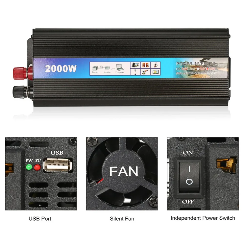 

2000W Power Inverter Auto DC 12V To AC 220V USB Charger Adapter Solar Outlet Cigarette Lighter Plug Modified Sine Wave Travel