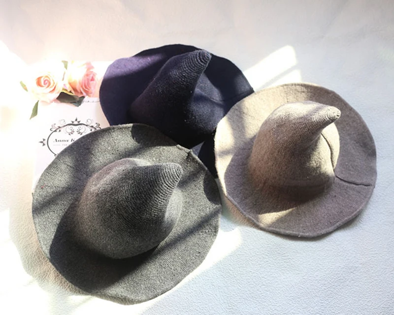 Sheep Wool Cap Knitting Fisherman Hat Autumn Winter Female Fashion Witch Pointed Basin Bucket Hats Women Modern Witch Cap TG0064