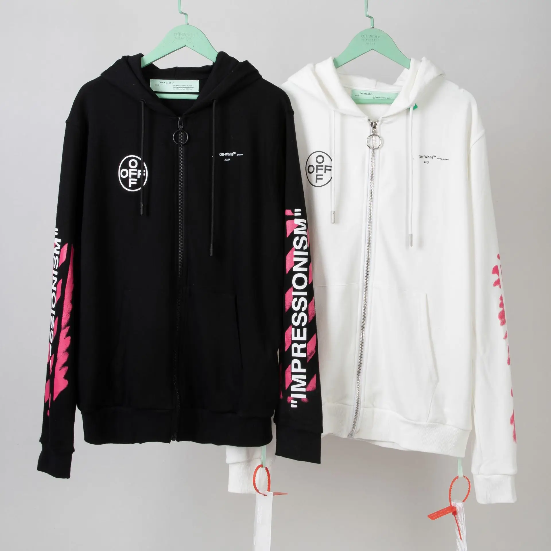 

OFF-WHITE OW high quality 19SS spring and summer 99 old paint men couple zipper hooded Sweatshirt