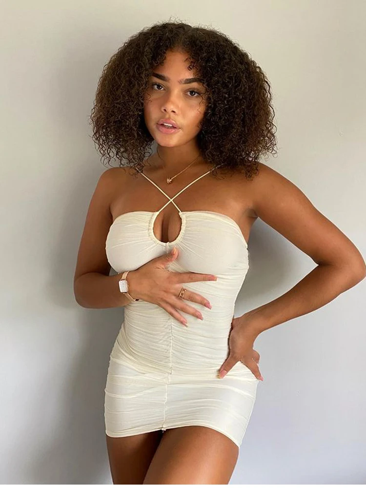 NewAsia Mesh Dress Spaghetti Strap Lace up Ruched Cut out Hole Zipper 2 Layer Elastic Slim Fit Mini Dress Chic Woman Slip Dress