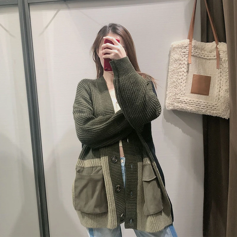 Свободный женский кардиган с длинным рукавом, зимний теплый цветной вязаный шерстяной кардиган с карманами, женский Повседневный вязаный кардиган, свитер