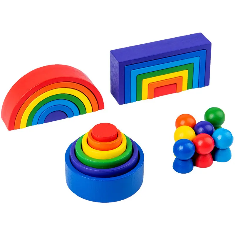 Wood Rainbow Blocks 3 Set Natural Wooden Toys Children Rainbow Building