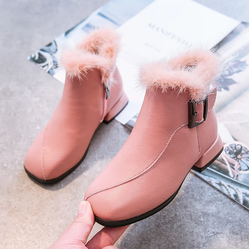 Детские полусапожки с боковой молнией; обувь принцессы на толстом меху; ботинки для девочек; зимняя теплая обувь с плюшевой подкладкой; Детские боты с пряжкой; зимние ботинки; 26-37