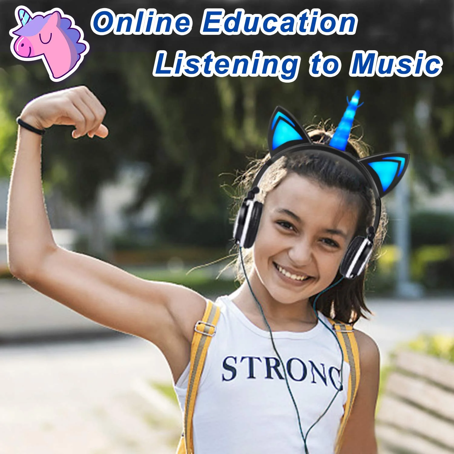 Glowing Unicorn Cat Ear LED Light Up Wired Adjustable Foldable On Over Ear Headphones for Game Travel School Birthday Gift Girls