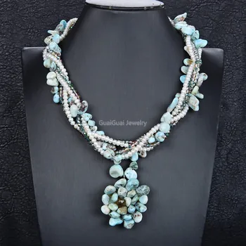 

GuaiGuai Jewelry 5 Strands Pearl Larimar Crystal Pendant Necklace