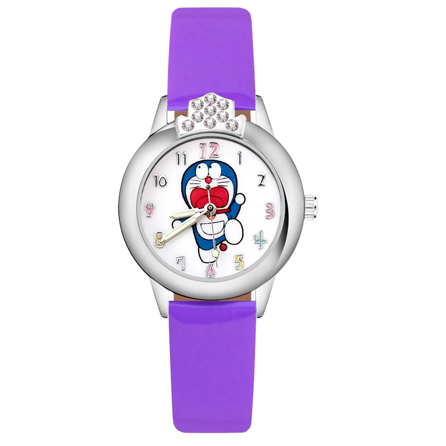 Purple Мультфильм Doraemon Кристалл Стиль Детские часы Дети студентка девушки кварцевые Кожаный ремешок наручные часы JK70 - Цвет: Purple