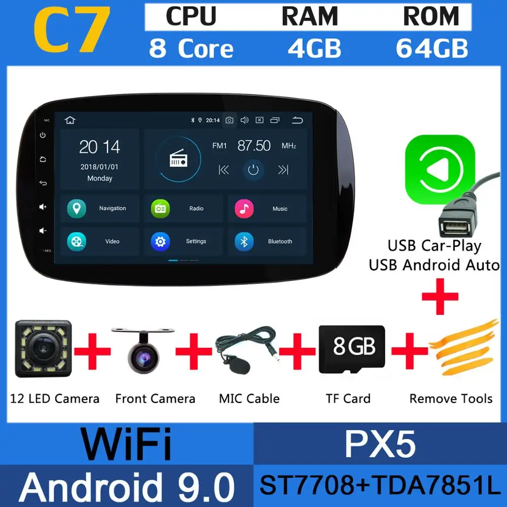 " Android 9,0 PX6 4G+ 64G Автомобильный мультимедийный радиоприемник CarPlay gps DSP плеер для Mercedes Benz Smart Fortwo - Цвет: PX5 USB CarPlay