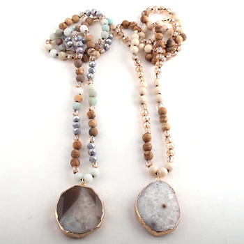 

RH Fashion Bohemian Tribal Jewelry Crystal / Stone Long Knotted Natural Gray Agt Pendant Necklaces For Women Jewelry