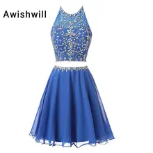 Модные синие шифоновые платья для Бала выпускников из двух частей майка, обшитая бисером ТРАПЕЦИЕВИДНОЕ короткое платье выпускного вечера Выпускные платья платье