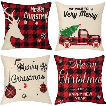 

Christmas Throw Pillow Covers Linen Buffalo Checkered Deer Snowflake Xmas Trees Pattern Pillow Cover