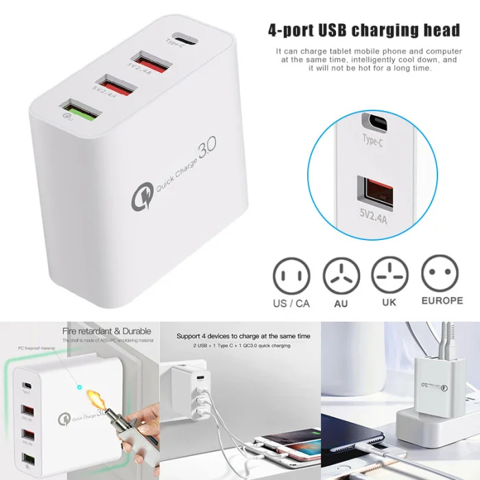 Настенное зарядное устройство адаптер 4 порта type C USB зарядное устройство адаптер Быстрая зарядка для домашнего офиса_ WK