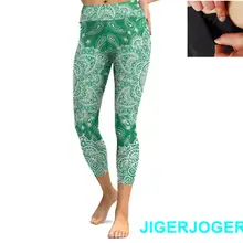 JIGERJOGER Весна Высокий пояс карман зеленая Мандала 3/4 брюки "Капри" для йоги Леггинсы Шорты 7/8 компрессионные колготки Капри