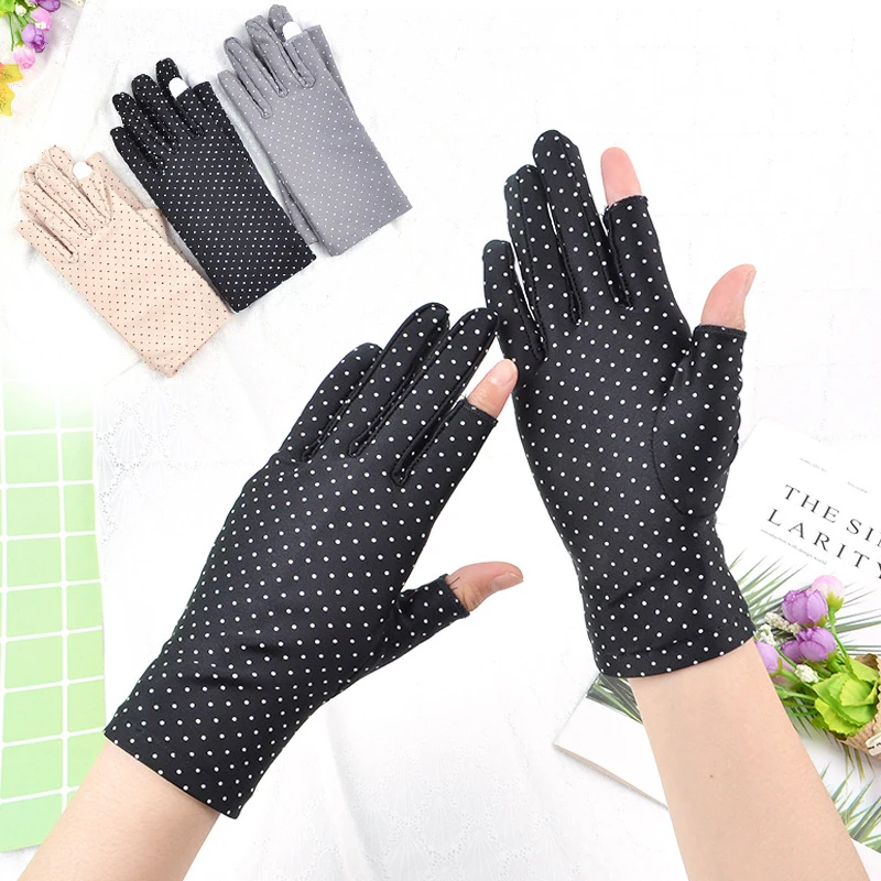 

Elegant Summer Breathable Gloves Two Fingers Sunscreen Fashion Bowknot Anti-Slip Ice Silk Dot Print New Driving Glove