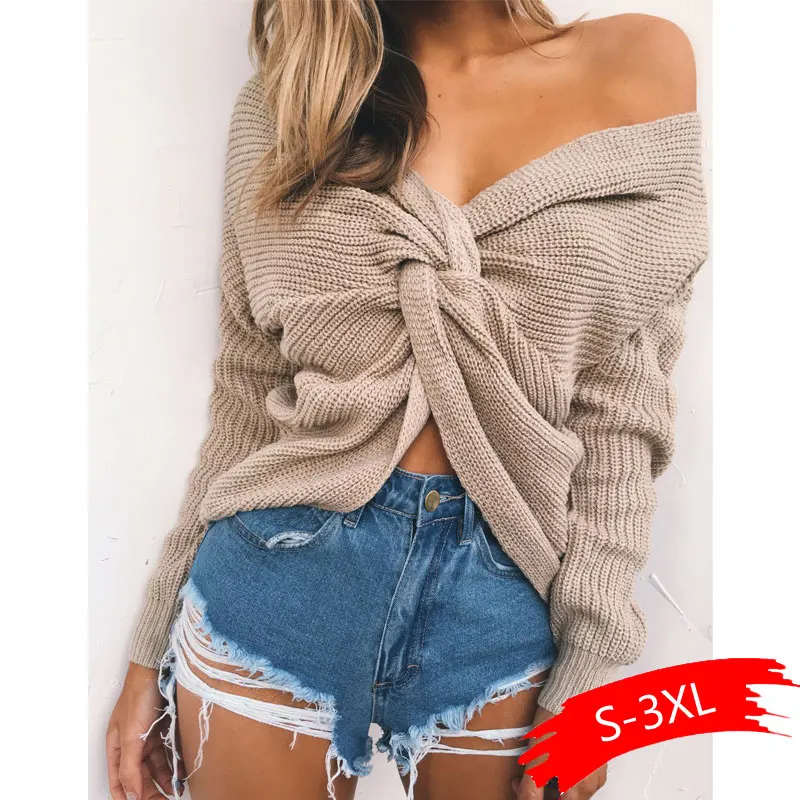 

Retro 4 colors V Neck Twisted Back Sweater Women Jumpers Autumn Pullovers Casual Tops Long Sleeve Knitted Sweaters pull femme