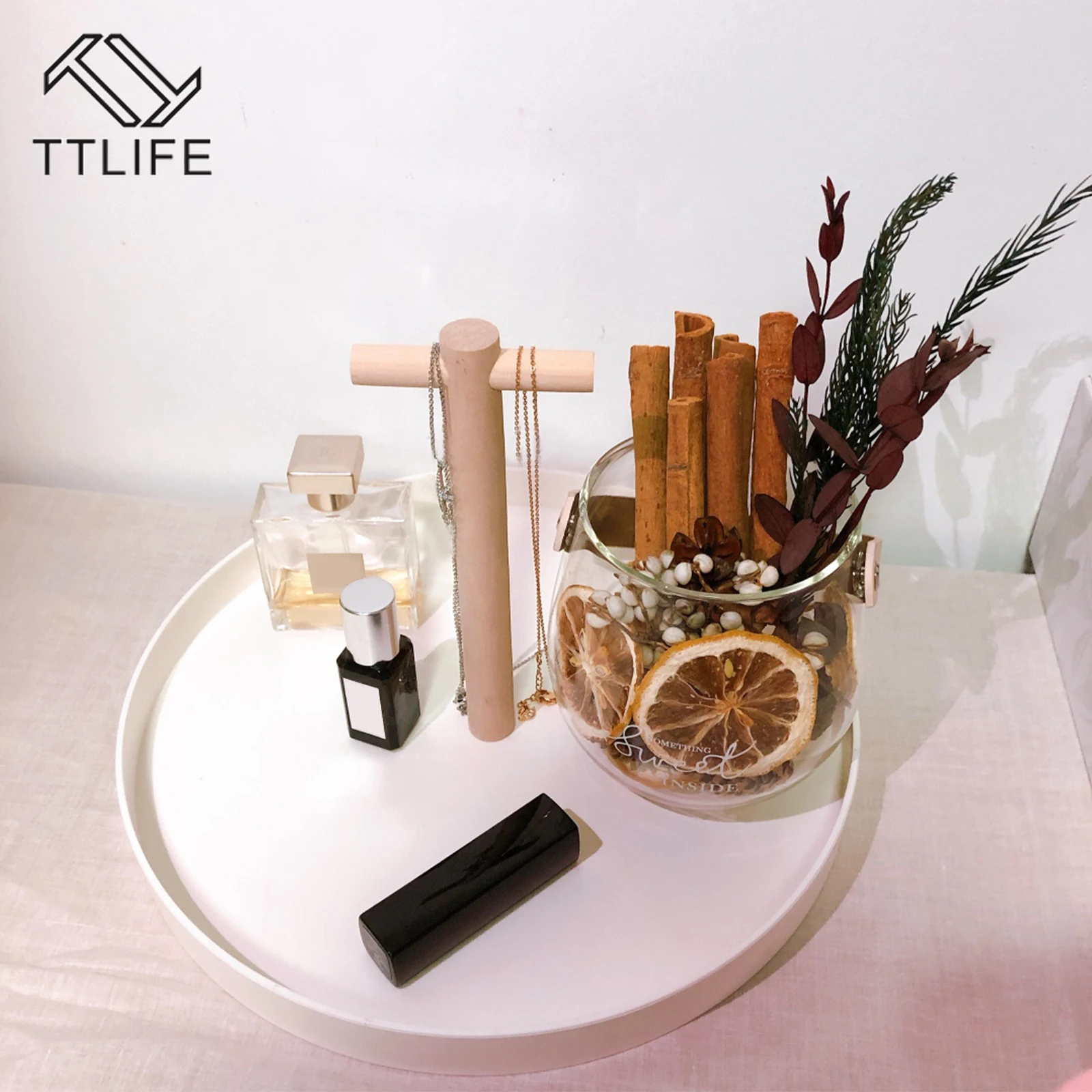 

New Nordic Round Desktop Storage Tray with Wood Handle Table Jewelry Storage Tray Sundries Key Snack Organizer Holder Home Decor