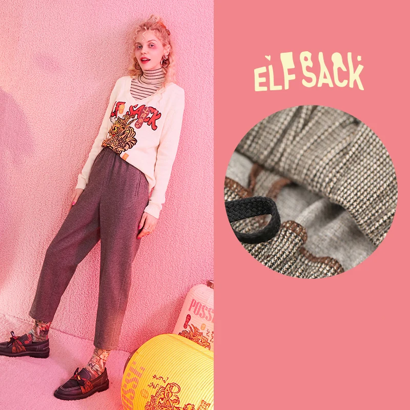 Черный ELFSACK, черные, Хаундстут, средняя талия, корейский стиль, повседневные женские брюки, зима, Новые прямые офисные женские базовые свободные брюки - Цвет: Черный