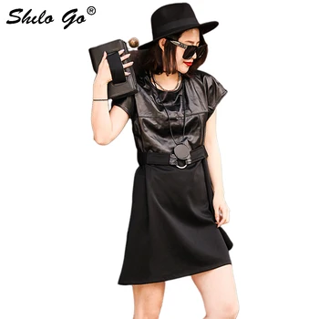 

Genuine Leather Dress Elegant Short Sleeve O-Ring Belted A Line Dress Autumn Real Leather Solid Modern Lady Women Dresses Female