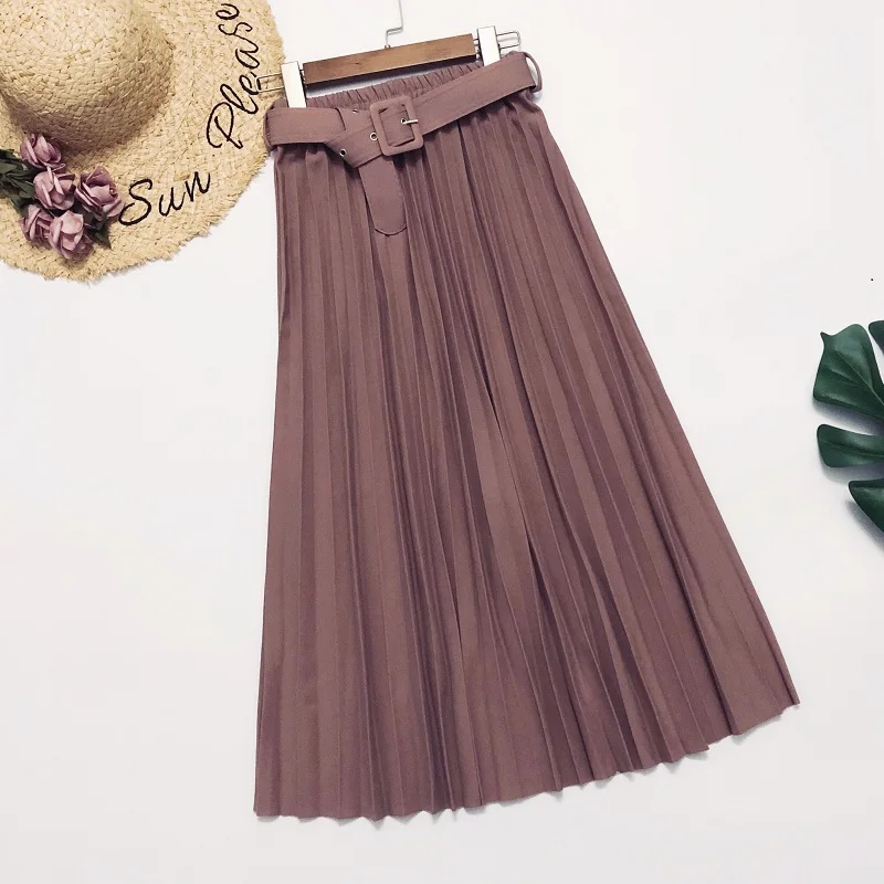 

2020 Korean Style Women Long Pleated Skirts With Belt High Waist Office OL Casual Lady Kawaii Retro Vintage Streewear