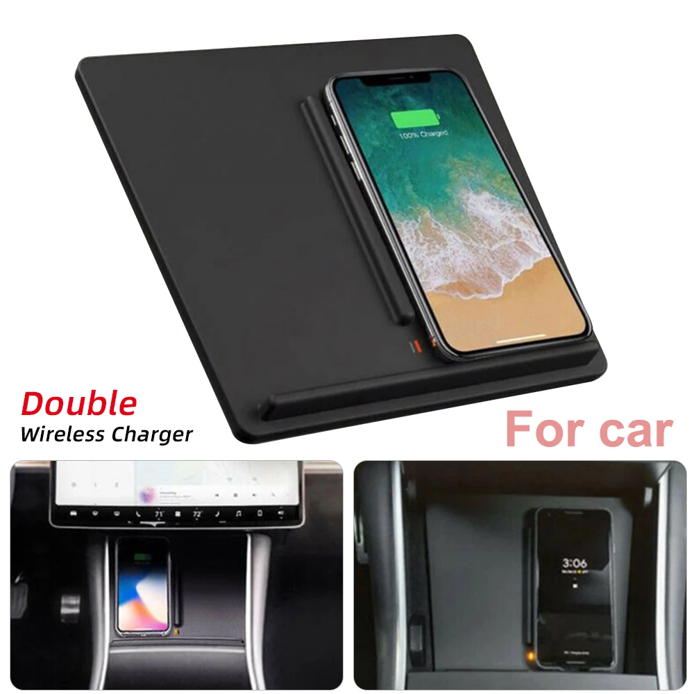 

Wireless Phone Charger Dual Phones Charging Anti-skid Car Mount Auto For Tesla Model 3 For All Qi Android devices