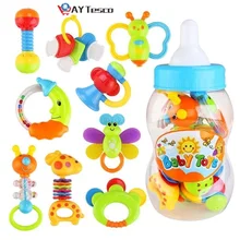 Hochet et anneau de dentition pour bébé, 9 pièces, jouets d'apprentissage pour enfants avec bouteille de lait géante, jouet coloré à saisir