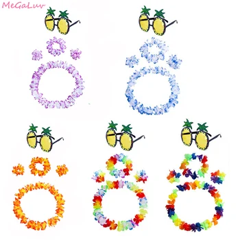 

5Pcs Hawaiian Party Leis Garland And Pineapple Sunglasses Artificial Tropical Flower Wreath Hawaii Luau Party Event Decoration