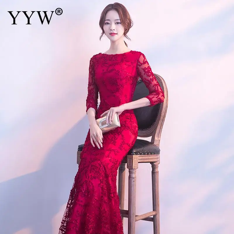 Русалка невесты свадебное вечернее платье для женщин бордовый элегантный Cheongsam Плюс размер сексуальный халат De Soiree цветочный женское платье