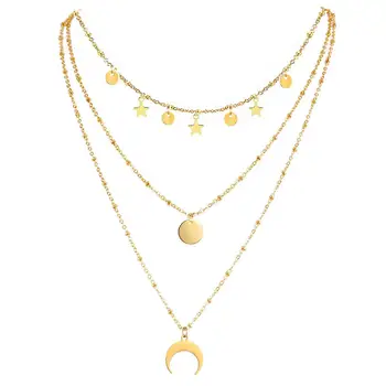 3 Layer Chains Stainless Steel Star Choker For Woman Girls Multilayer Horn Round Disc Moon Tassel Pendant Necklaces