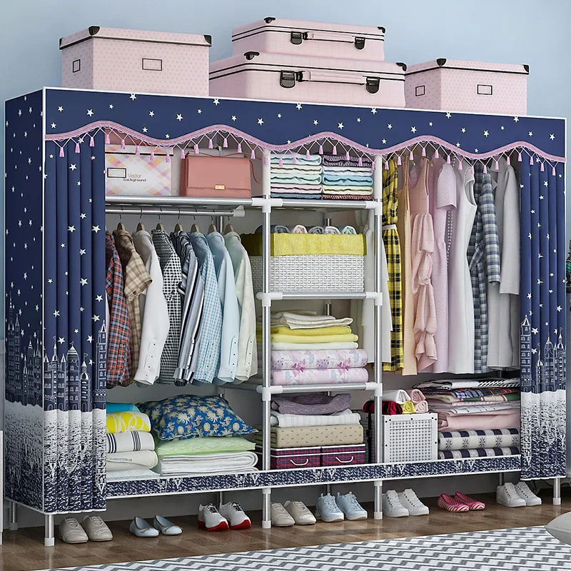 Steel Pipe Thickened Wardrobe Simple Cloth Wardrobe Rental Room Home All Steel Frame Cloth Cabinet Hanging Clothes Cabinet