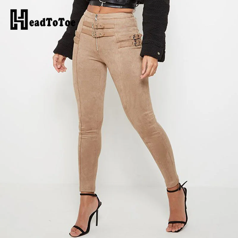 

High Waist Suede Leather Autumn Pants Women Leggings Zipper Belt Buckle Skinny Pencil Pants Women Trousers Casual Pants