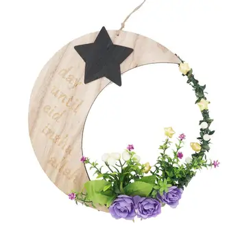 

Eid Mubarak Islam Ramadan Decoration Wooden Moon Artificial Flower Wreath Pendant Wall Hanging Countdown Garland