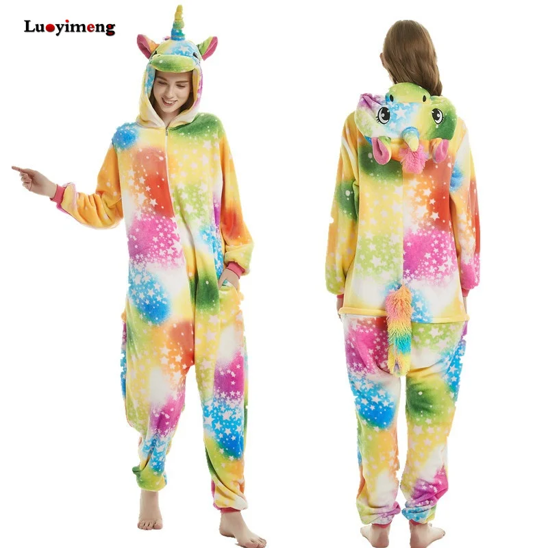 Зимняя Фланелевая пижама Unicornio, женская одежда для сна для взрослых, парная Пижама-комбинезон, пижама с изображением единорога, животных, мультяшная Пижама, Femme Pijama Licorne - Цвет: colorful star