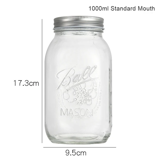 GF Mason Jars with Airtight Lids Glass Sugar Container for Canning Preserving Meal Prep Jam Jelly Kitchen Storage Containers Standard Mouth1000ml