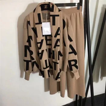 

Women Knited Letter Sweater + Pants+Cape Long Scarf 3PCS Suits Knit Pullovers Cappa Wraps Wide Leg Trousers Sets