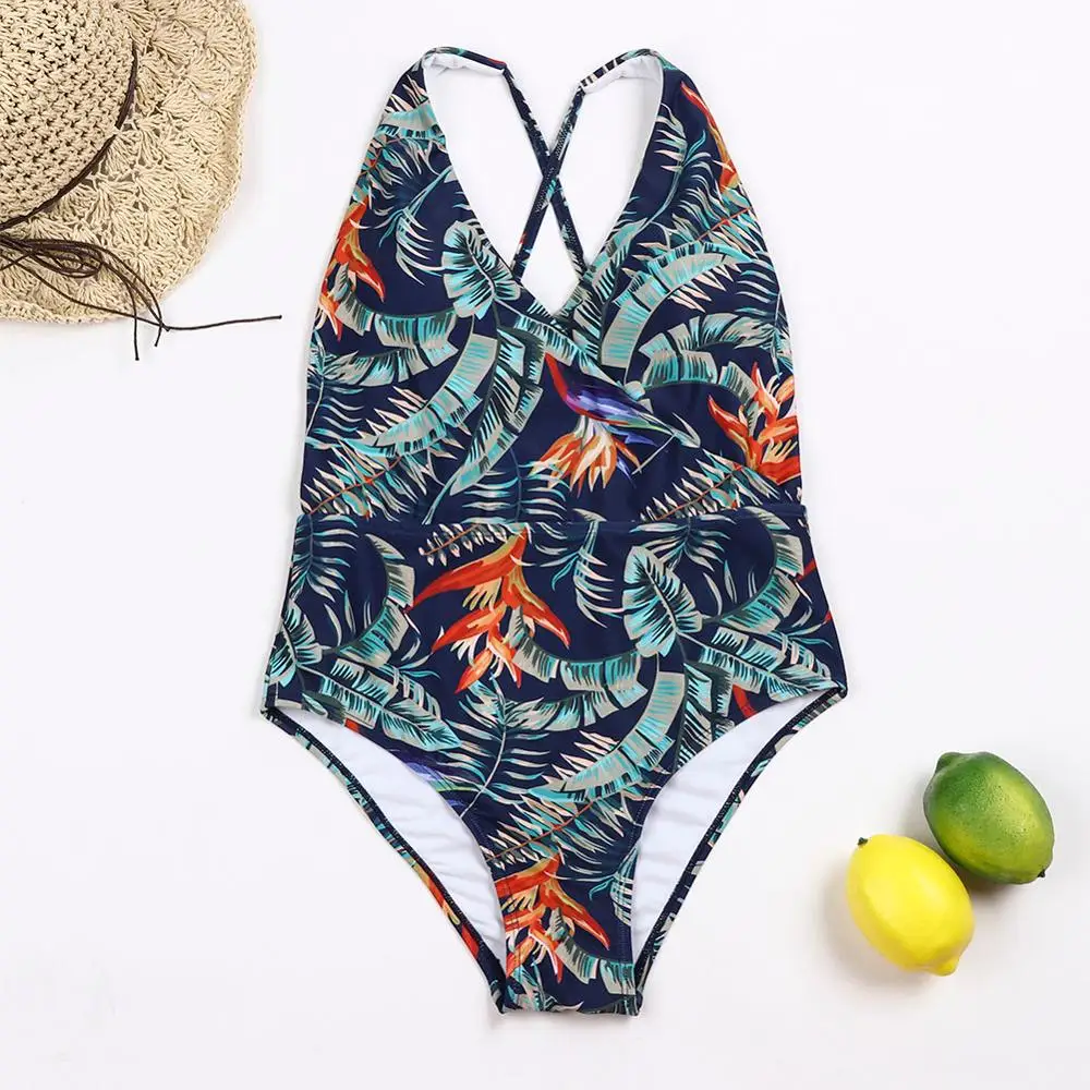 

New 2020 Sexy One Piece Halter Neck Astonishing Swimwear Leaf Printing Lady Swimsuit Female Backless Bodysuit Beach Wear