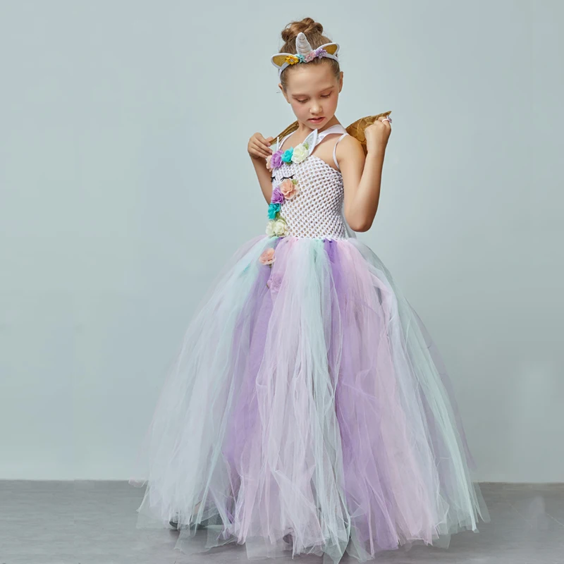 Girls Pastel Unicorn Flower Tutu Dress Princess Kids Pageant Party Tutu Dress with Headband wings Children Tulle Dress Ball Gown (1)